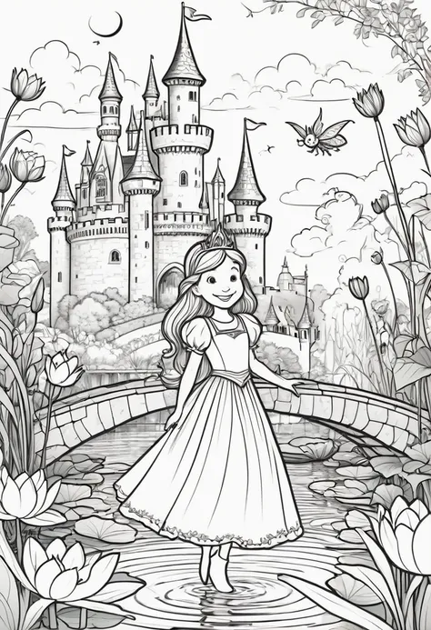 a delightful, child-friendly illustration with thick black lines on a white background. the main focus is a magical fairy tale c...