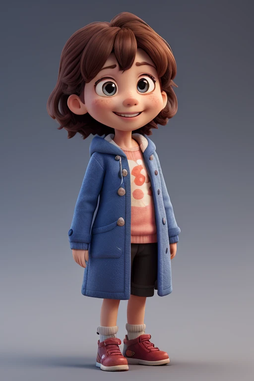 Cute Girl IP，coat，Little girl standing，Physical blind box style，whole body，Cute smiling face，Simple and clean background，Texture，C4D，3D Model Artwork，Toy，Ultra-high-definition details，Soft lighting，high resolution，Many details，8K，3D Rendering，Best quality，...