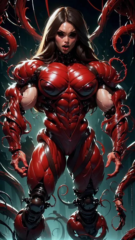 (beautiful girl face:1.25), megan fox as a beautiful vampiric girl with a muscular red carnage body, (red carnage anatomic cybernetic muscle suit:1.25), (body totally covered in muscles, veins, tendons), (perfect muscular anatomy), (wide shoulders and uppe...