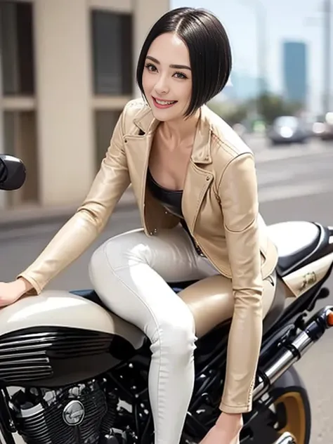 ((best quality)), ((masterpiece)), ((perfect face))、（(detailed motorcycle)）、Detailed and clear photos、((riding a motorcycle))、slender body、long legs、full body shot、smile、(((Beige long sleeve riding jacket and leather pants)))、(short hair)