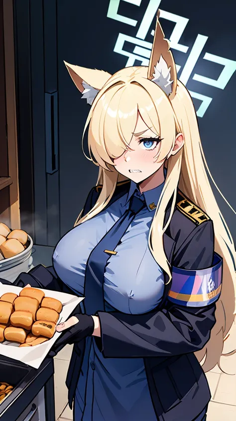 Kanna Ogata（Blue Archive）,Blonde long hair,Grey gap,Wolf Ears,One eye is covered by hair,（（（Large Breasts）））,Circle of angels overhead,Jagged teeth,Embarrassed,masterpiece,8K,Dark blue shirt,Black jacket,Navy blue tie,Armband,Oden food stall