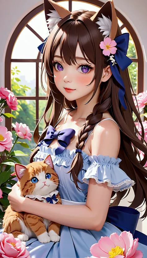 1 Girl, naked, Animal ears, Purple Eyes, Brown hair, wing, Solitary, Long hair, blush, Cat耳朵, Flowers, Looking at the audience, braid, bow, dress, pink Flowers, bow, Hair accessories, Bangs, Cat, Flowering, Animal ear hair, Keep, Virtual YouTuber, Blue bow...