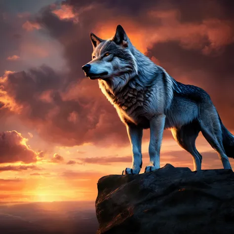 a fierce alpha wolf standing proudly on a cliff, dramatic sunset sky, cinematic lighting, highly detailed, 8k, photorealistic, award winning, surreal, fantasy, epic, majestic, powerful, intense, dynamic, heroic, mystical, dramatic, moody