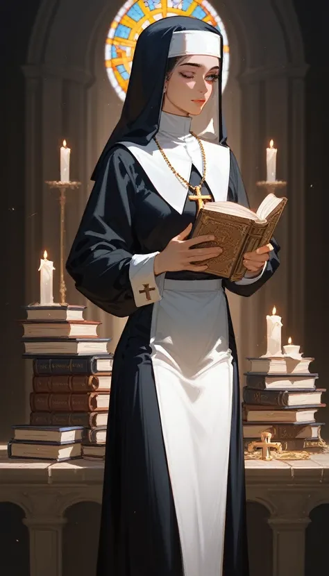 (Fraction_9,Fraction_8_Direction_7_up),1 a woman,（（（bust）））, whole body，Priest，nun，Bible，Holy Light，Black, white and yellow，Book in hand，Long legs，European and American clothing patterns，