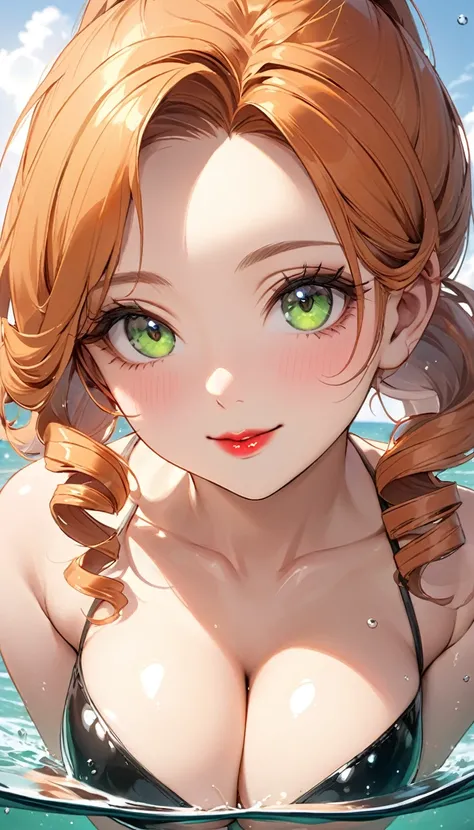 (Highest quality,4K,8K,High resolution,masterpiece:1.2),Super detailed,A 32-year-old woman、(((mature female))), (((milf))), (((tareme))), Best Bust、large breasts, Beautiful Eyes、orange hair、moss green eyes、Red lips, ((pony tail)), (drill hair), ((forehead)...