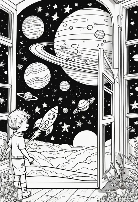 A delightful black line art coloring page for kids, set in a whimsical outer space scene. In the foreground, a rocket ship with a cheerful astro naut waving from the window, smiling and ready to greet the young colorists. To the side, a friendly alien in a...