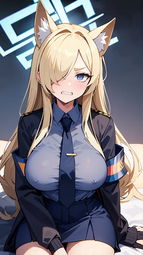 Kanna Ogata（Blue Archive）,Blonde long hair,Grey gap,Wolf Ears,One eye is covered by hair,（（（Large Breasts）））,Circle of angels overhead,Jagged teeth,Embarrassed,masterpiece,8K,Dark blue shirt,Black jacket,Navy blue tie,Armband,