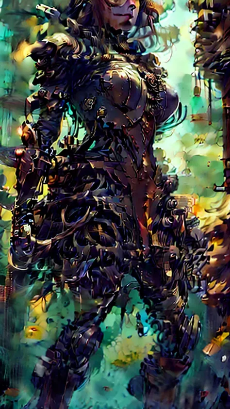 ((best quality)), ((masterpiece)), (detailed), 1 girl, whole body，Standing，Girl，Long blond hair，Green Eyes，Wearing grey steampunk armor，Holding a long sword，Background is the ruins of the city。