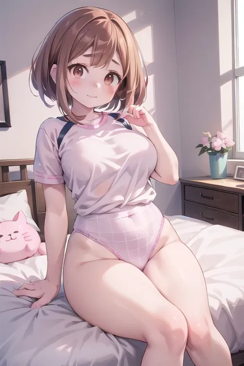 Ochako uraraka, big , anime girl in a posing in a bedroom, female protagonist 👀 :8, a hyperrealistic , white cheeks, at pixiv, (sfw) safe for work, makoto, popular on pixiv, makoto shinka, marin kitagawa fanart, hyperrealistic , top rated on pixiv, pixiv 3...