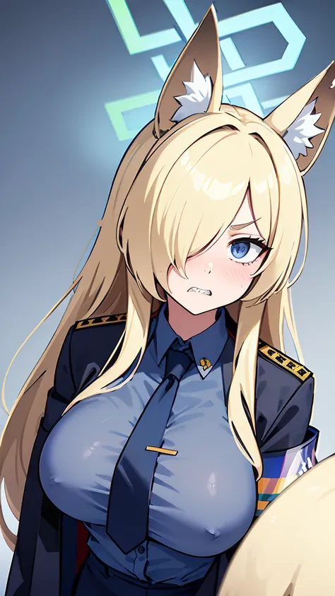 Kanna Ogata（Blue Archive）,Blonde long hair,Grey gap,Wolf Ears,One eye is covered by hair,（（（Large Breasts）））,Circle of angels overhead,Jagged teeth,Embarrassed,masterpiece,8K,Dark blue shirt,Black jacket,Navy blue tie,Armband,