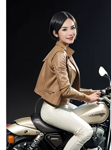 ((best quality)), ((masterpiece)), ((perfect face))、（(detailed motorcycle)）、Detailed and clear photos、((riding a motorcycle))、slender body、long legs、full body shot、smile、(((Beige long sleeve riding jacket and leather pants)))、(short hair)