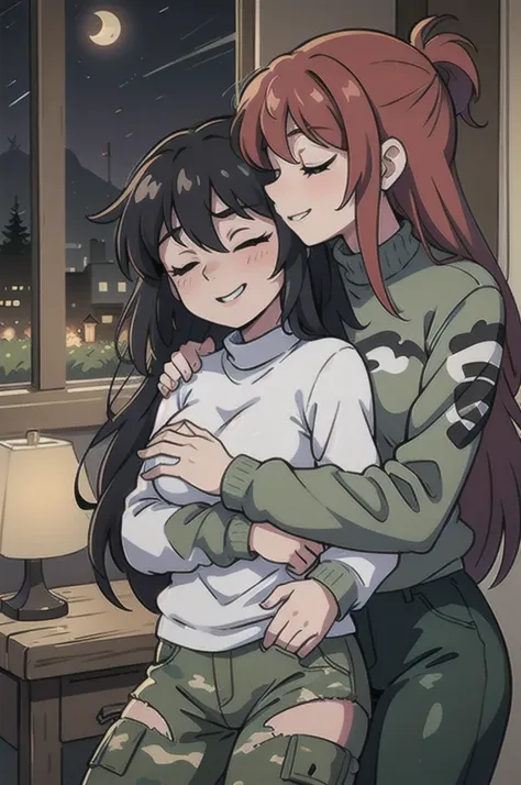 (best quality), long-haired lesbian girls with closed eyes, evil smile in camouflage sweaters and camouflage pants, hugging and ...