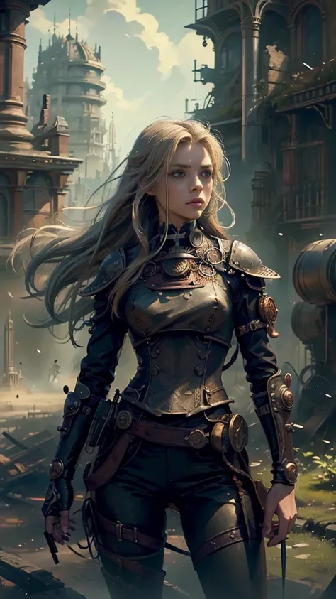 ((best quality)), ((masterpiece)), (detailed), 1 girl, whole body，Standing，Girl，Long blond hair，Green Eyes，Wearing grey steampunk armor，Holding a long sword，Background is the ruins of the city。