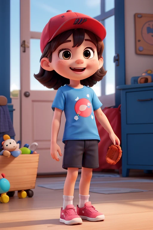 A cartoon little girl caught in a moment of joy。He was wearing a red and blue baseball cap.，Wearing a colorful cartoon shirt with a fun design。his arms spread，As if flying or dancing。He is wearing blue shorts and pink shoes。He is surrounded by all kinds of...