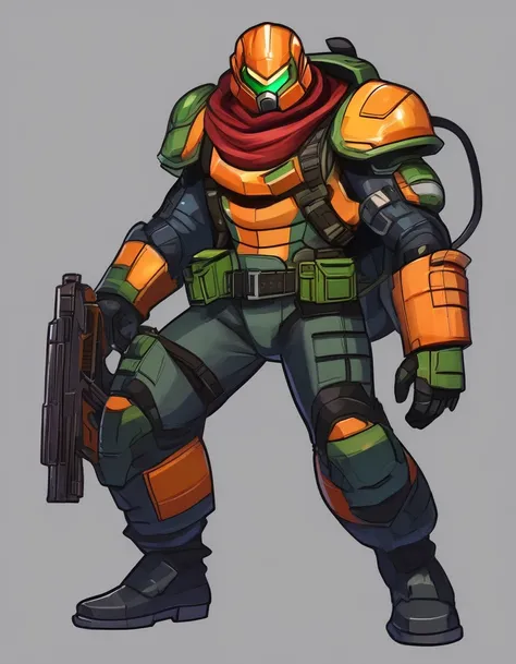 Cartoon image of man holding gun and hat, Doomman is similar to Samus, 在fighting，Plants vs.，Character art相反, Valgaat style, 官方Character art, Ray Punk, Duke Nukem Art Style, With a plasma gun, Charya, cyber space cowboy, Very stylized character design, game...