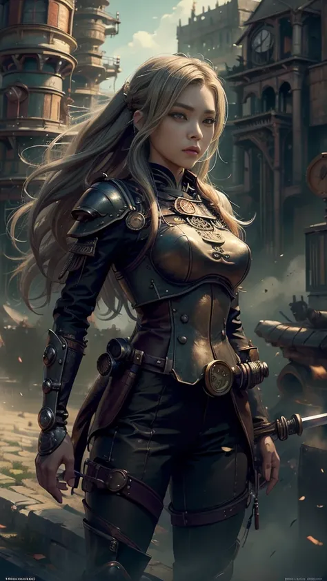 ((best quality)), ((masterpiece)), (detailed), 1 girl, Asian Face，whole body，Standing，Girl，Long blond hair，Green Eyes，Wearing grey steampunk armor，Holding a long sword，Background is the ruins of the city。