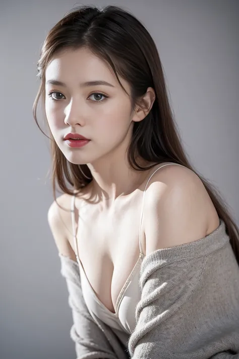 Skinny black top:1.2, Looking at the audience, light, perfect, Soft Light, High resolution skin:1.2, Realistic skin texture, Realistic face, Off-shoulder, Cleavage exposed, blue eyes, Long hair,Dark brown hair、Bust B cup、Small Breasts、Light gray background