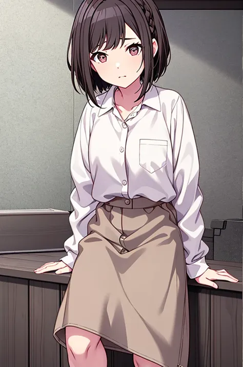 shinonome ena、brown hair、view here、big white shirt、white oversized shirt、inside the room