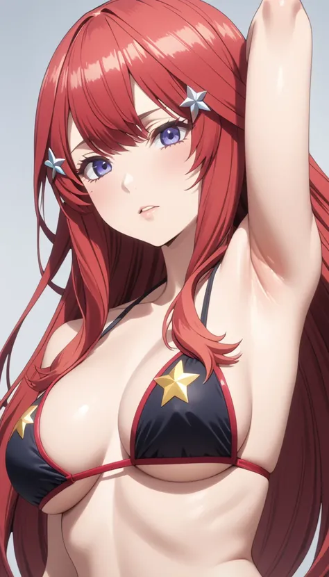 (Highest quality、Masterpiece、Very detailed、4K)、One Woman、17 years old、Red Hair、Long Hair、(((Nakano May)))、Star-shaped hair fastening、chest、arm、Beautiful armpiticro Bikini