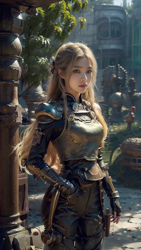 ((best quality)), ((masterpiece)), (detailed), 1 girl, Asian Face，whole body，Standing，Girl，Long blond hair，Green Eyes，Wearing grey steampunk armor，Holding a long sword，Background is the ruins of the city。