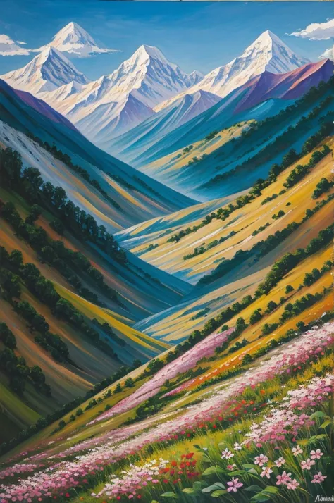 Painting of Himalayan flowers mountain 
