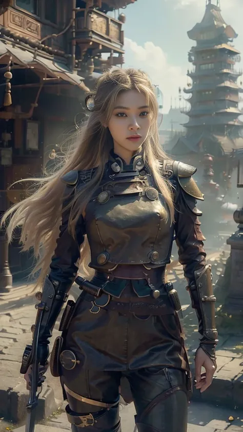 ((best quality)), ((masterpiece)), (detailed), 1 girl, Asian Face，whole body，Standing，Girl，Long blond hair，Green Eyes，Wearing grey steampunk armor，Holding a long sword，Background is the ruins of the city。