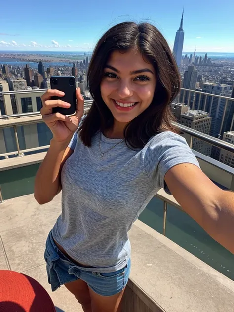 a selfie photo of a woman on the empire state building view deck using a phone from 2010, (((infinite focus)))
