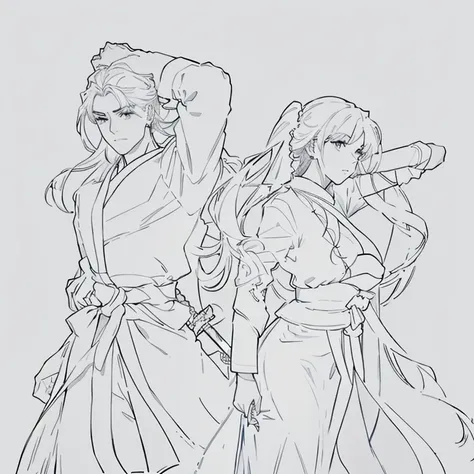 a drawing of two people in a dress and a sword, perfect lineart, clean lineart, simple lineart, bold lineart, lineart, lineart behance hd, flowing hair and long robes, thick lineart, yiqiang and shurakrgt, variable lineart, clean anime outlines, jazza and ...