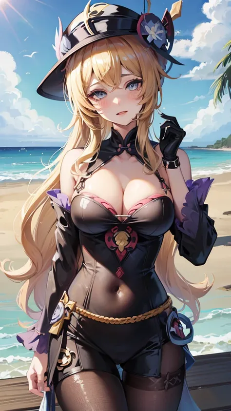 1 woman (navia) ,(genshin impact ),blonde,(wavy hair curl),  blue eyes ,blush , looking at viewer, bikini (black) ,[ hat (black) ,yellow rose on hat], beach ,morning, big breasts, holding umbrella .