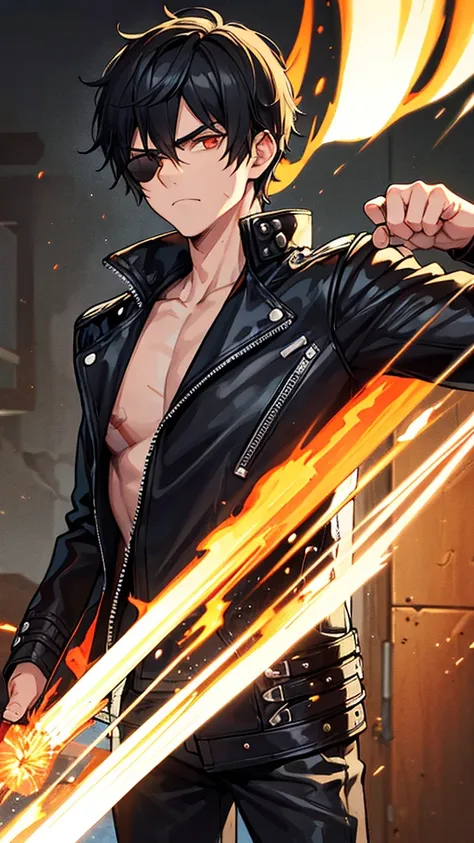 boy, strong, fighter, black hair, shades, technician, mechanic, band-aid on face, cut scars on face, leather jacket, blowtorch sparks, dusty clothes, stoic expression, neutral expression, workshop background, bright orange eyes