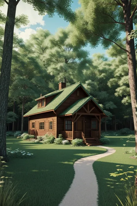 Please draw a picture of the house in the green forest with 3D Anime