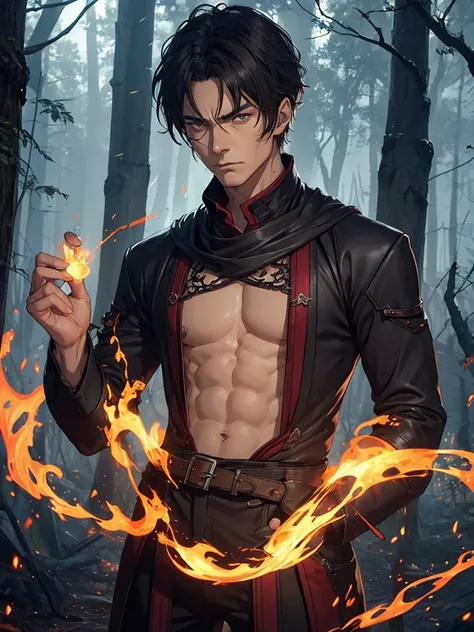 HOT and sexy mature slim man, let him be a sorcerer who manipulates fire. grumpy face. In a setting of a burning forest.