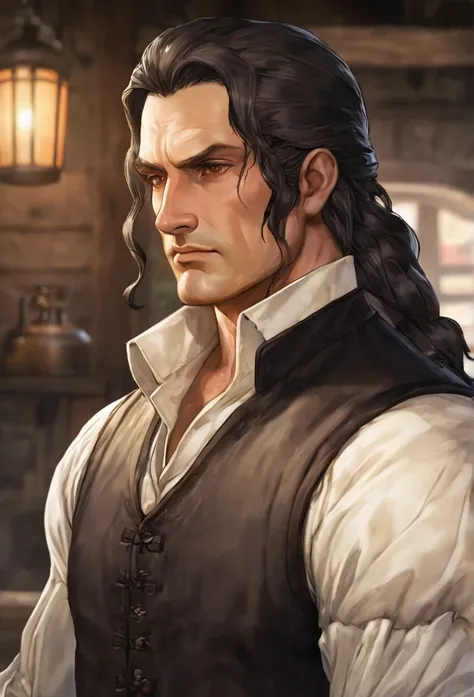 Swole man, tavern keeper, middle age era, gentle expression, dark brown hair, brown eyes 