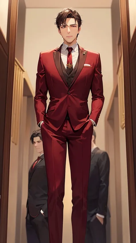 Alaric Valtieri. He is dressed in an elegant dark red formal suit, paired with a red tie and a white shirt, giving a professional and neat impression. His face displays a calm and confident smile, reflecting an optimistic and charismatic attitude. On his l...