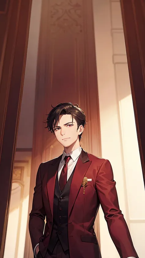 Alaric Valtieri. He is dressed in an elegant dark red formal suit, paired with a red tie and a white shirt, giving a professional and neat impression. His face displays a calm and confident smile, reflecting an optimistic and charismatic attitude. On his l...