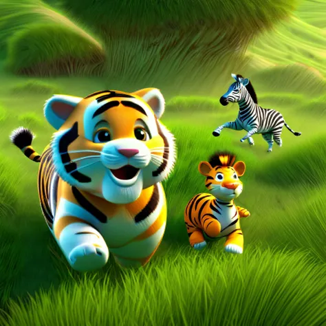 tiger chasing zebra on the african grassland，4k hd wallpaper illustration, cute 3d rendering,