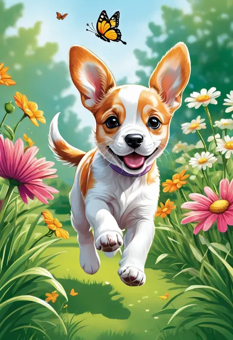 A delightful and colorful illustration of a playful puppy chasing a butterfly in a garden. The puppy, with floppy ears and a wagging tail, is depicted with thick lines and minimal details, making it perfect for kids to color. The butterfly, with open wings...