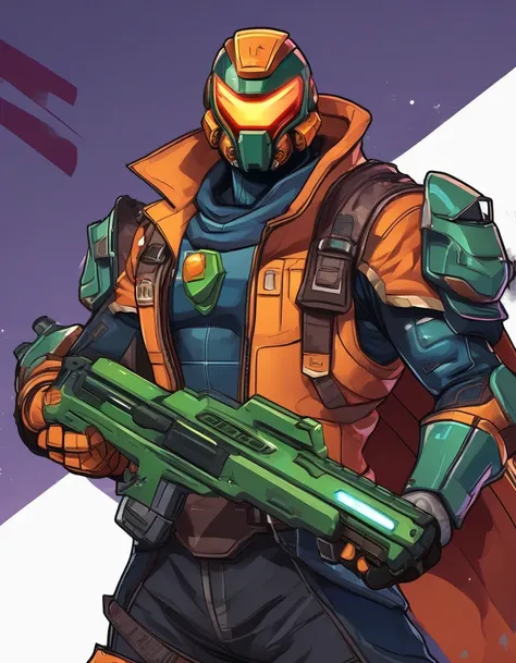 Cartoon image of man holding gun and hat, Doomman is similar to Samus, 在fighting，Plants vs.，Character art相反, Valgaat style, 官方Character art, Ray Punk, Duke Nukem Art Style, With a plasma gun, Charya, cyber space cowboy, Very stylized character design, game...