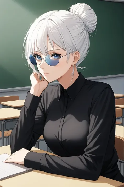 Woman,  female, solo, alone, jujutsu kaisen, white hair, hair bun, white eyebrows, white eyelashes, light blue eyes, detailed eyes, wearing round sunglasses, wearing black shirt, black clothing, classroom, high quality, 4k resolution, anime