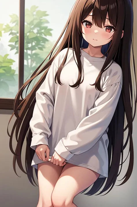 shinonome ena、brown hair、view here、big white shirt、white oversized shirt、inside the room、i&#39;m only wearing a shirt