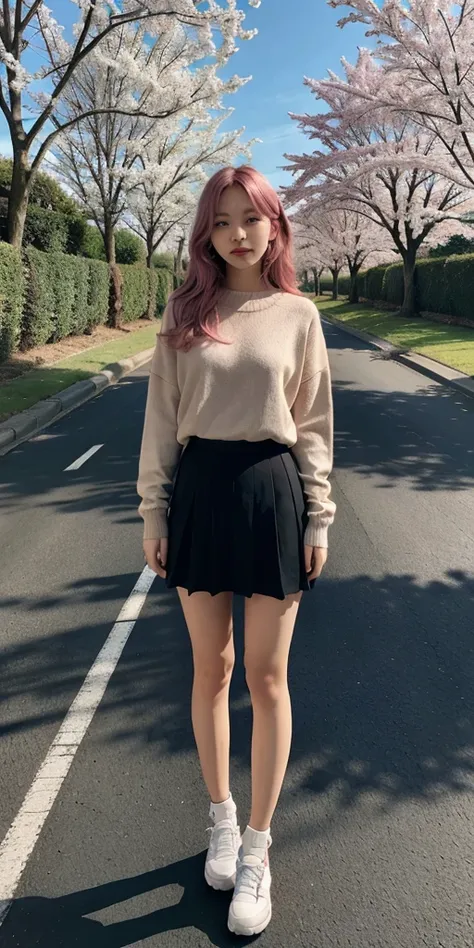 masterpiece, best quality, ultra-detailed, illustration, wide angle, 1girl stand in the middle of road, solo, road in the middle and pink cherry trees on roadside, full body, 20 yo, pink hair, sweater, short skirt, fashion,, composition, balance, harmony, ...