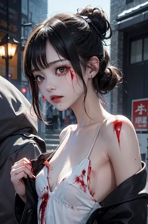 Highest quality, masterpiece, look up, cute,(Horror),(((Beautiful zombie girl))),Dead,(((Bleeding,Injured))),(((Shedding tears of blood))),((口からBleeding)),((Covered in blood)),(Sexy),(sexy),((Small breasts)),Baby Face,(Middle school students),(Toyoko Kids)...