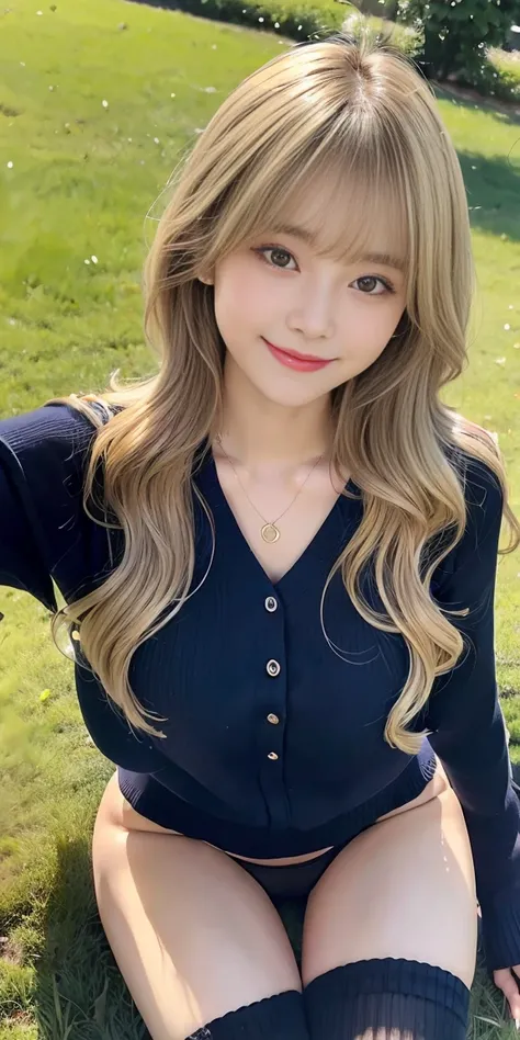 18-year-old female, Long dark blonde wavy hair、A loose summer sweater, Puffy nipples、dark blue pleated miniskirt,Medium Milk, Cute Smile、(lean forward to emphasize the chest)、、Beautiful Necklace、Black high heels、A glimpse of lace panties、A red bra peeking ...