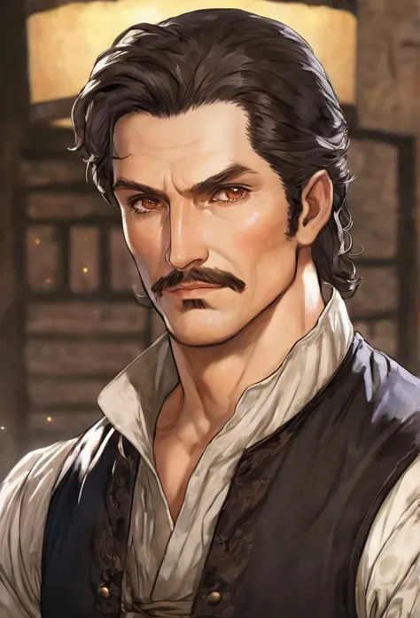 Swole man, tavern keeper, middle age era, soft and gentle expression, dark brown hair, brown eyes, short hair