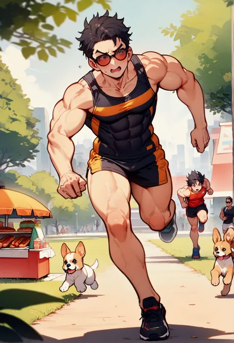 best quality, masterpiece, 8K, HD, young muscular man, wearing sports tank top and tiny shorts, his sunglasses sliding off, surprised expression, jogging, two puppies of different colors run in front of him, in a park, a hotdog stand with umbrella, metropo...