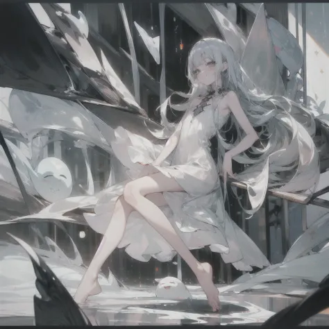 ((Highest quality,masterpiece,detailed,4K)), 1, ghost girl, 独奏, , pale skin, silver hair, long hair, flat chest, sundress, heterochromia, (sad smile), toes are transparent, face focus