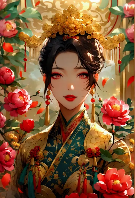 Create a captivating and elegant anthropomorphized female version of the Chinese God of Wealth (Caishen). She should be dressed in traditional Chinese attire, adorned with gold and red elements symbolizing prosperity and wealth. Surround her with blooming ...