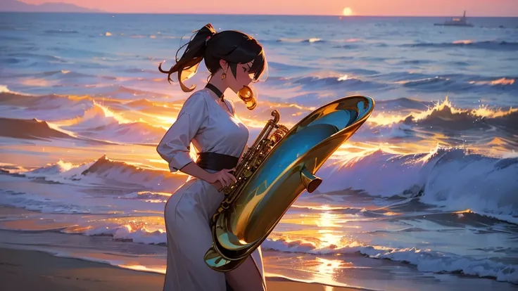 A super-realistic animation of a beautiful and elegant woman playing the saxophone on a beautiful beach at sunset.