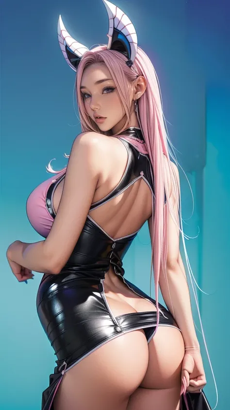 Gorgeous Girl, beautiful, baby face, 17 years old, White skin, huge breasts, side pose, ((anime black cosplay costume)), pastel colors, blue eyes, Halloween background, masterpiece, pink hair, sleeveless, hands next to hips, ((Lateral Angle))