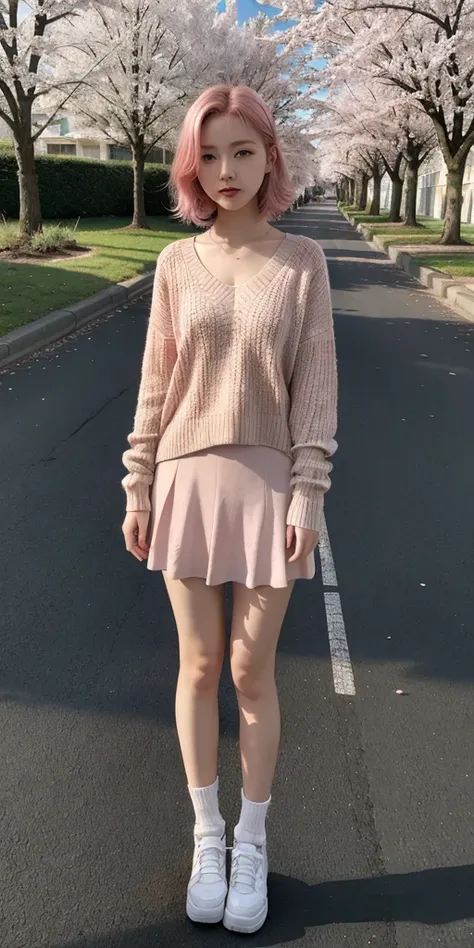 masterpiece, best quality, ultra-detailed, illustration, wide angle, 1girl stand in the middle of road, solo, road in the middle and pink cherry trees on roadside, full body, 20 yo, pink hair, sweater, short skirt, fashion,, composition, balance, harmony, ...